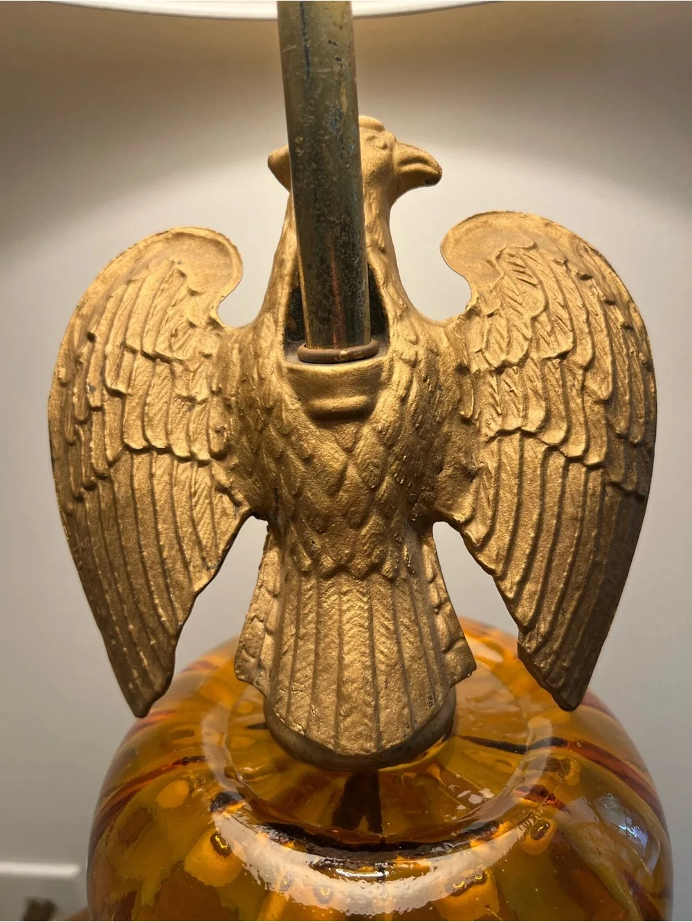 Vintage Amber Glass Eagle Table Lamp with 3 Way Switch-works see pics